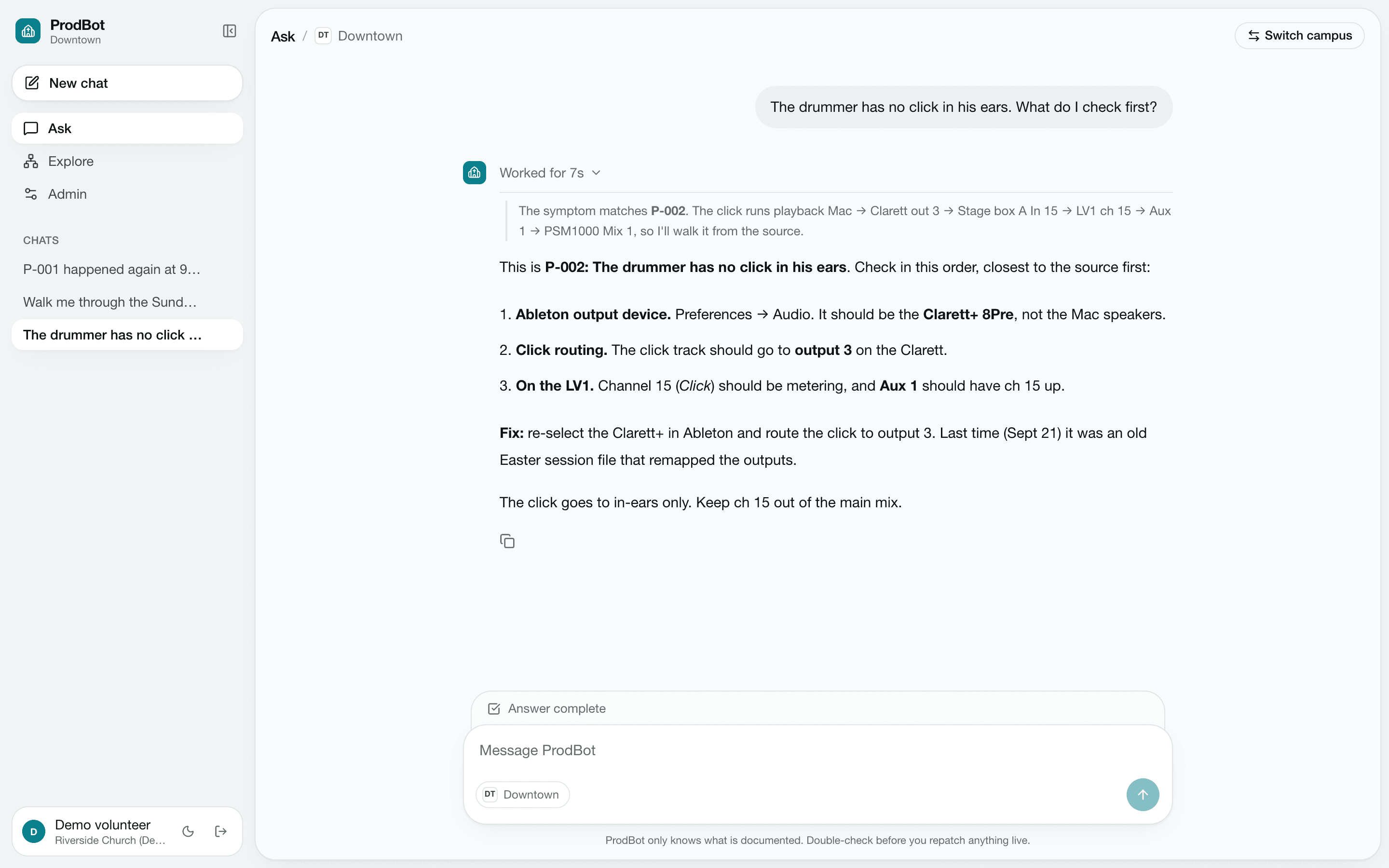 ProdBot answering a volunteer with its reasoning trace expanded