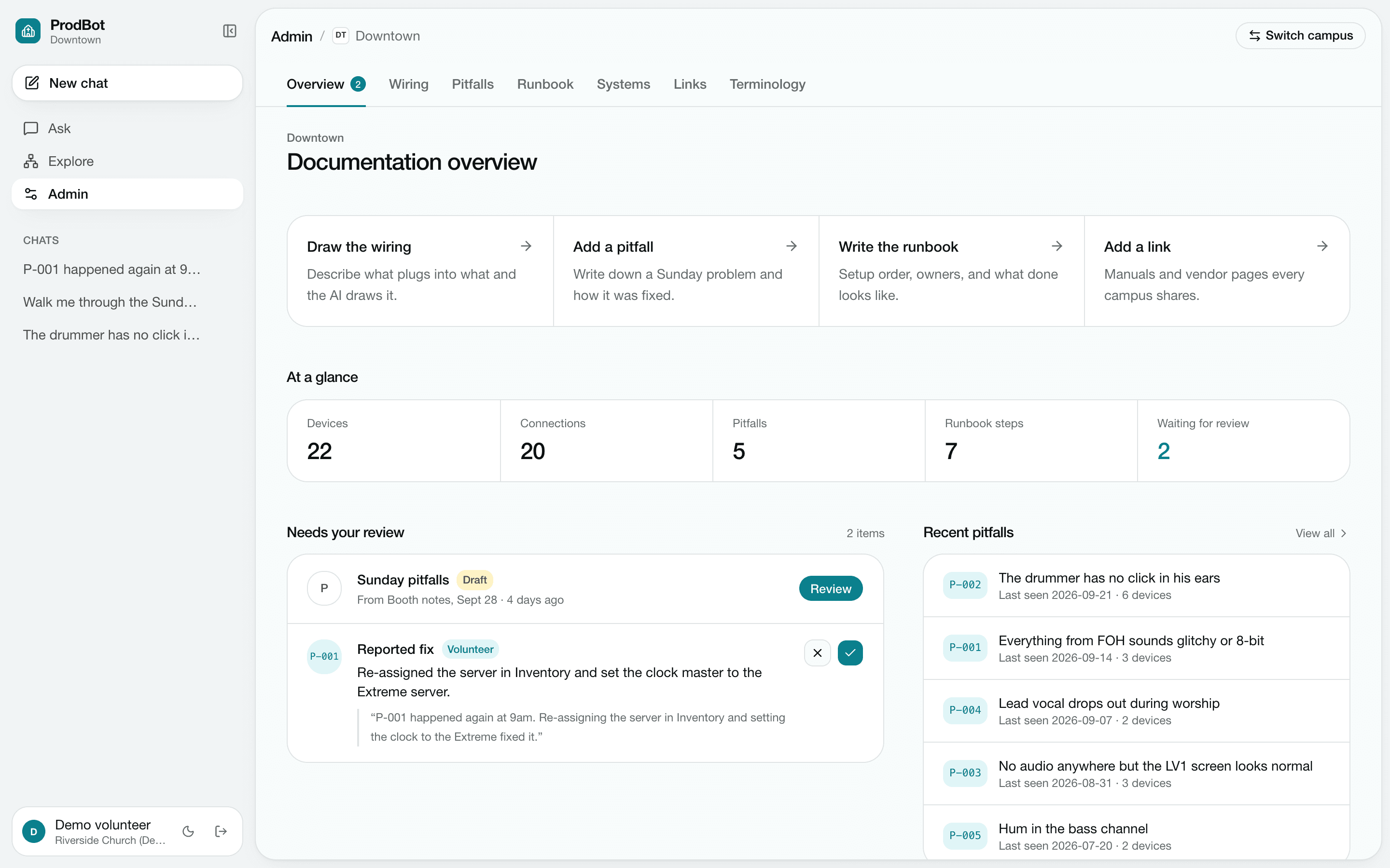 The documentation review queue with a drafted update awaiting approval